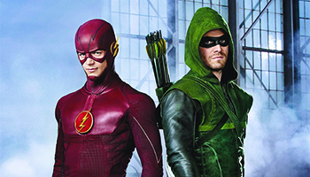 Grant Gustin and Stephen Amell in 'The Flash"