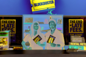 Melissa Fumero and Randall Park in "Blockbuster"