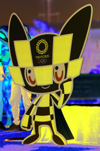 Tokyo 2020 Olympics mascot Miraitowa at an event in Izvorani, Romania